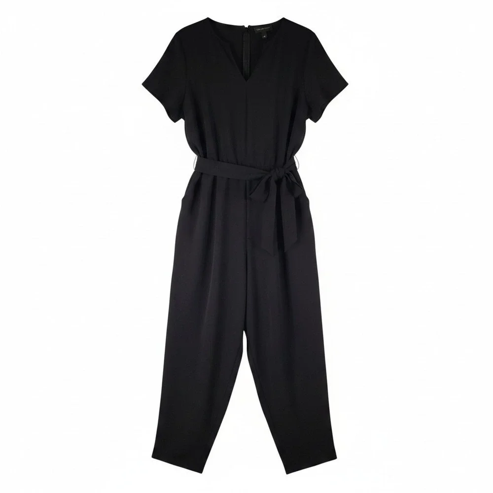 Lane Bryant Jumpsuit Women 22 Black Flutter Sleeve V-Neck Belted Cropped Chic